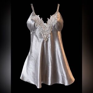 Vintage Y2K Silver Satin Lace Babydoll Cami Top Fairy Bias Cut Festival S/M